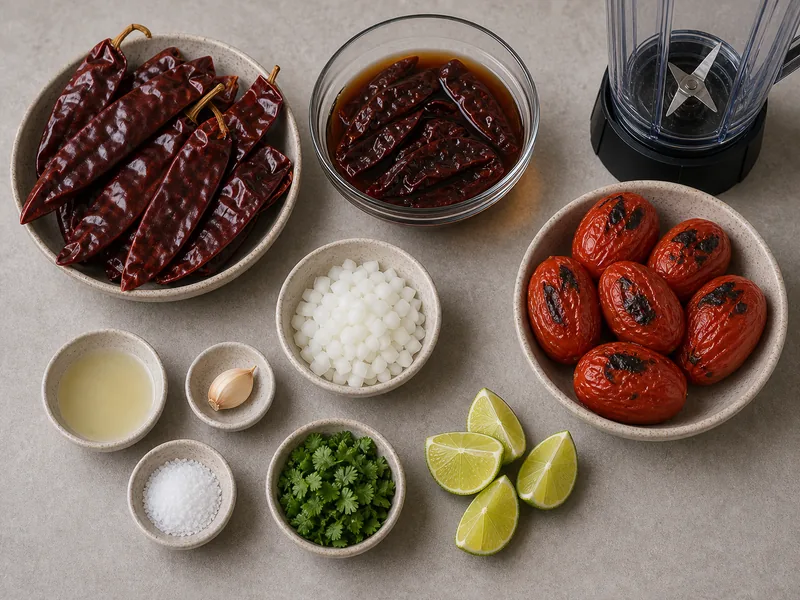 Dried guajillo chiles, softened chiles, roasted tomatoes, onion, garlic, lime, salt, cilantro, and blender