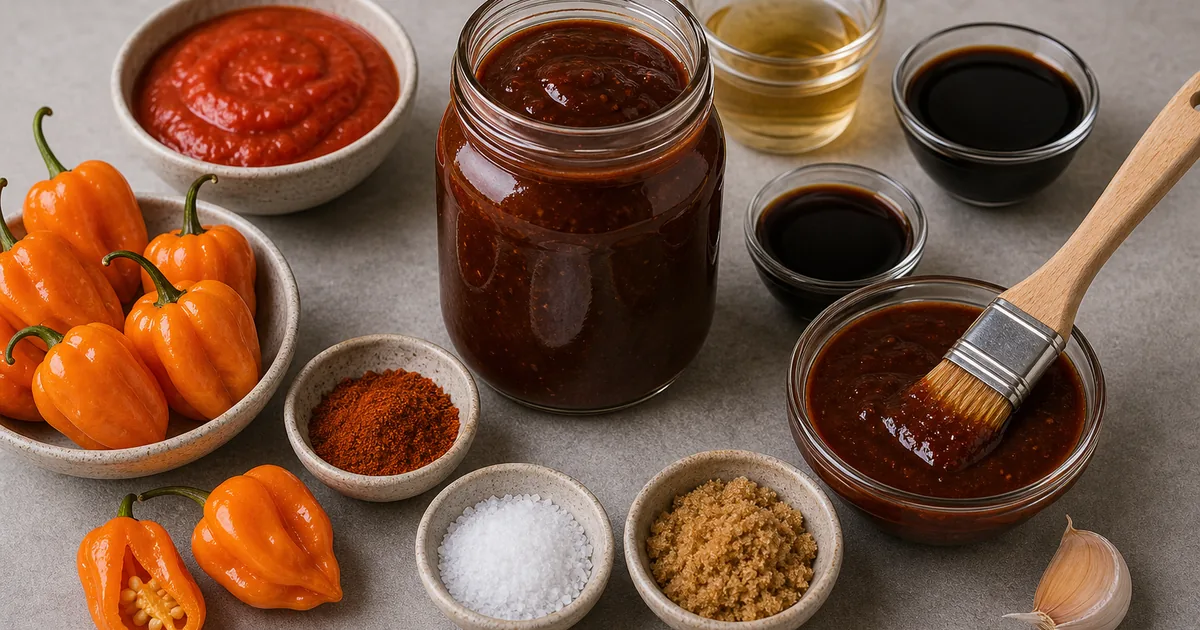 Habanero BBQ sauce in a jar with orange habaneros, tomato sauce, vinegar, molasses, brown sugar, and spices