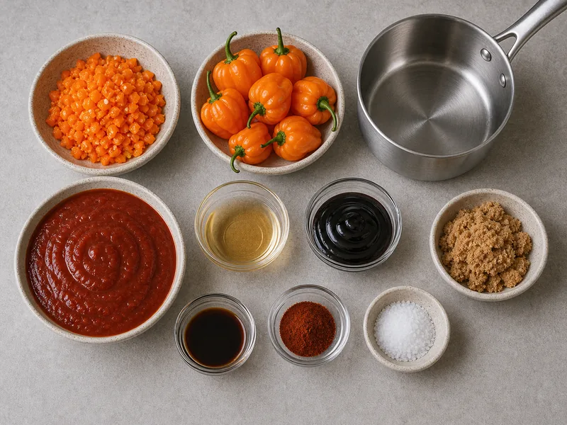 Minced habanero with tomato sauce, vinegar, molasses, brown sugar, Worcestershire, smoked paprika, salt, and saucepan
