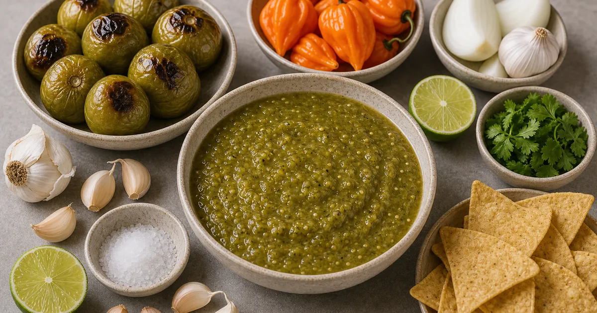 Habanero salsa verde with roasted tomatillos, orange habaneros, onion, garlic, cilantro, lime, and chips