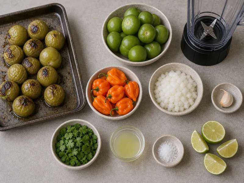 Roasted tomatillos with orange habaneros, onion, garlic, cilantro, lime juice, salt, broiler pan, and blender