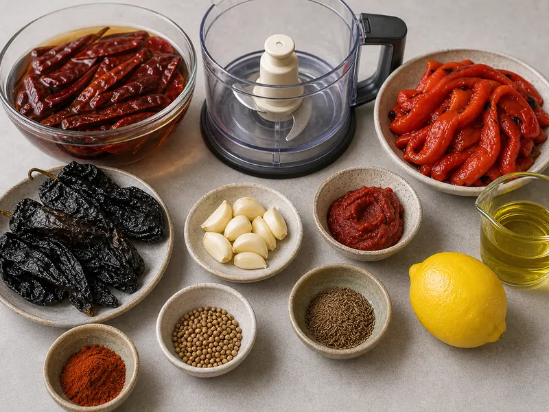 Harissa Recipe (North African Chili Paste) preparation and ingredients