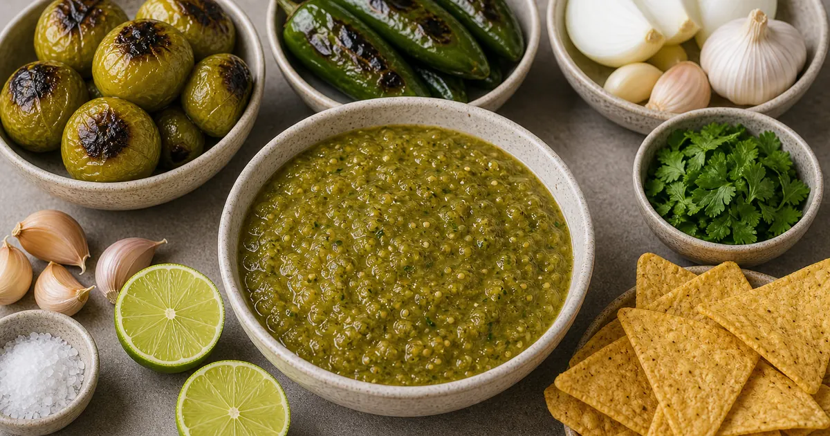Homemade jalapeno salsa verde with roasted tomatillos, jalapenos, onion, garlic, cilantro, lime, and chips