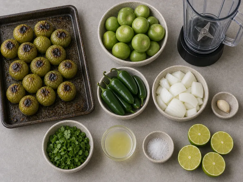 Roasted tomatillos with jalapenos, onion, garlic, cilantro, lime juice, salt, broiler pan, and blender