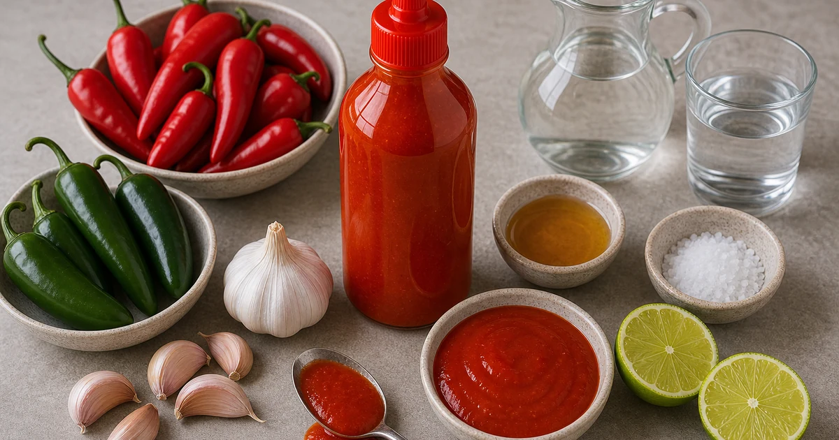 Homemade sriracha sauce in a bottle with Fresno peppers, jalapenos, garlic, vinegar, honey, salt, and lime
