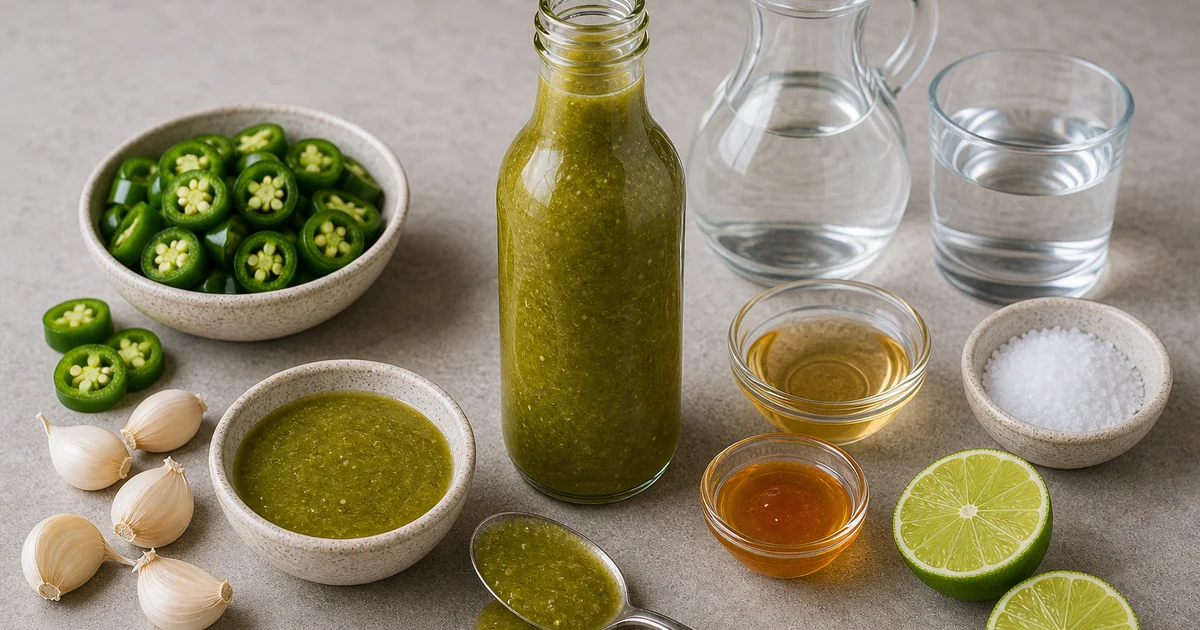 Green Thai chili sauce with jalapenos, garlic, vinegar, water, salt, honey, lime, and glass bottle