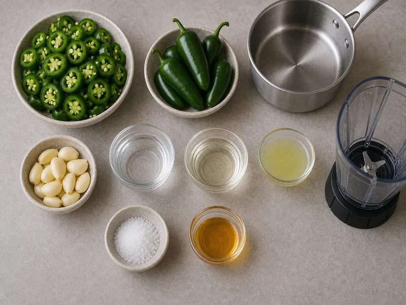Chopped jalapenos with garlic, vinegar, water, salt, honey, lime juice, saucepan, and blender