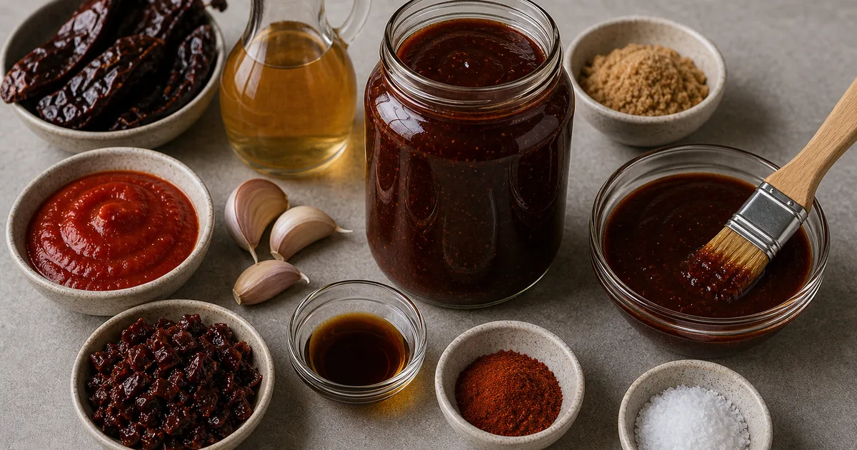 Honey chipotle BBQ sauce in a jar with chipotle peppers, tomato sauce, vinegar, honey, brown sugar, and spices