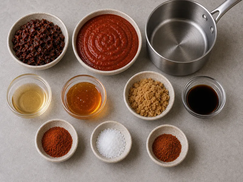 Minced chipotle with tomato sauce, vinegar, honey, brown sugar, Worcestershire, smoked paprika, salt, and saucepan