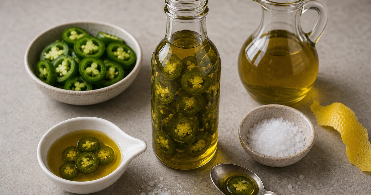 Jalapeno-infused olive oil with sliced jalapenos, olive oil, lemon peel, salt, glass bottle, and pour dish