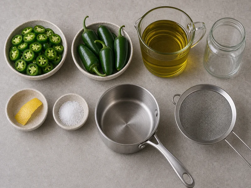 Sliced jalapenos with olive oil, lemon peel, salt, saucepan, strainer, and glass jar