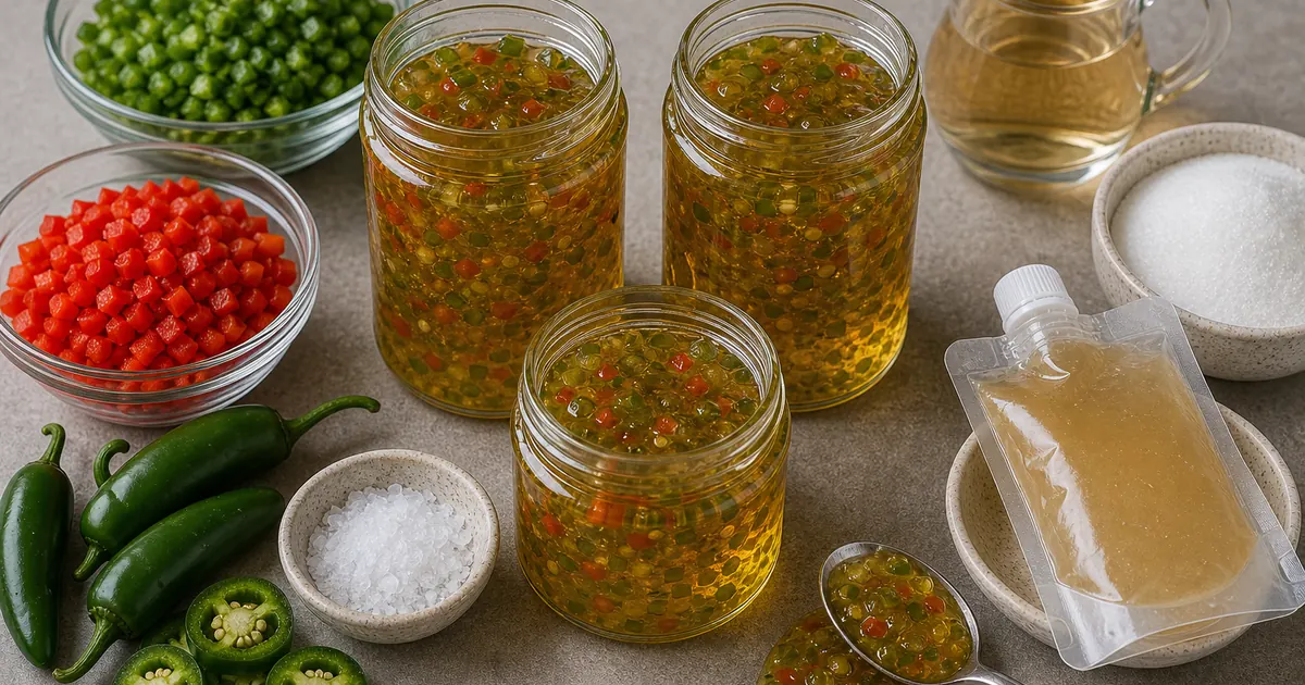 Jalapeno jelly in clear jars with jalapeno bits, red bell pepper, cider vinegar, sugar, pectin, and salt
