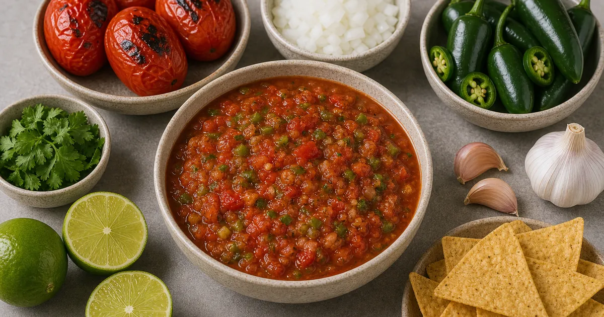 Jalapeno salsa with green jalapenos, roasted tomatoes, onion, garlic, lime, cilantro, and chips