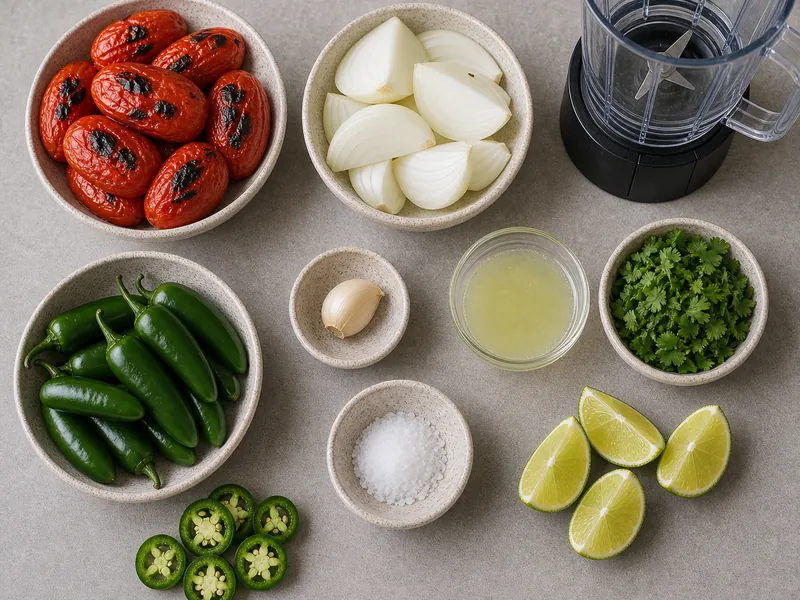 Green jalapenos with roasted tomatoes, onion, garlic, lime juice, salt, cilantro, and blender