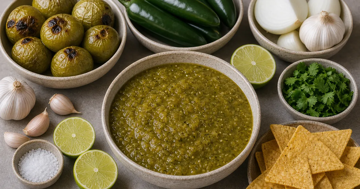 Jalapeno salsa verde with roasted tomatillos, green jalapenos, onion, garlic, cilantro, lime, and chips
