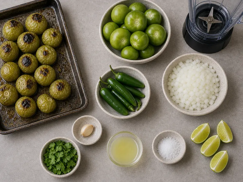 Roasted tomatillos with green jalapenos, onion, garlic, cilantro, lime juice, salt, broiler pan, and blender
