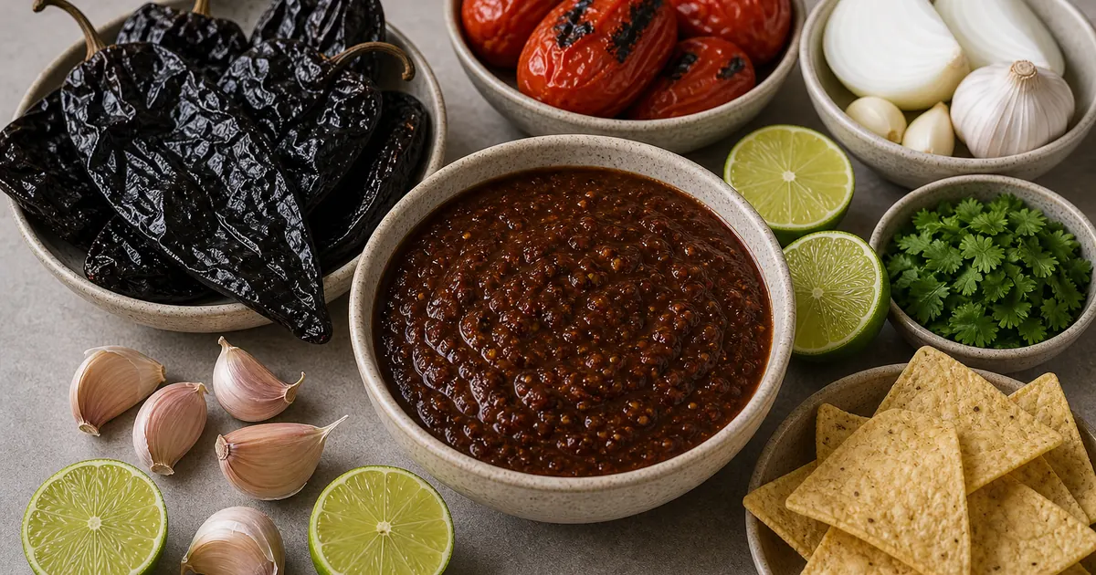 Pasilla chile salsa with dark dried pasilla chiles, roasted tomatoes, onion, garlic, lime, cilantro, and chips
