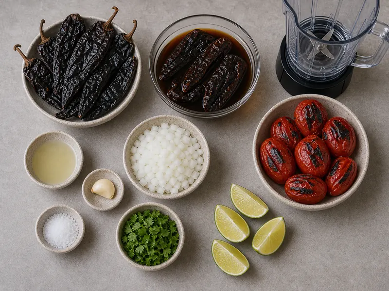 Dried pasilla chiles, softened chiles, roasted tomatoes, onion, garlic, lime, salt, cilantro, and blender