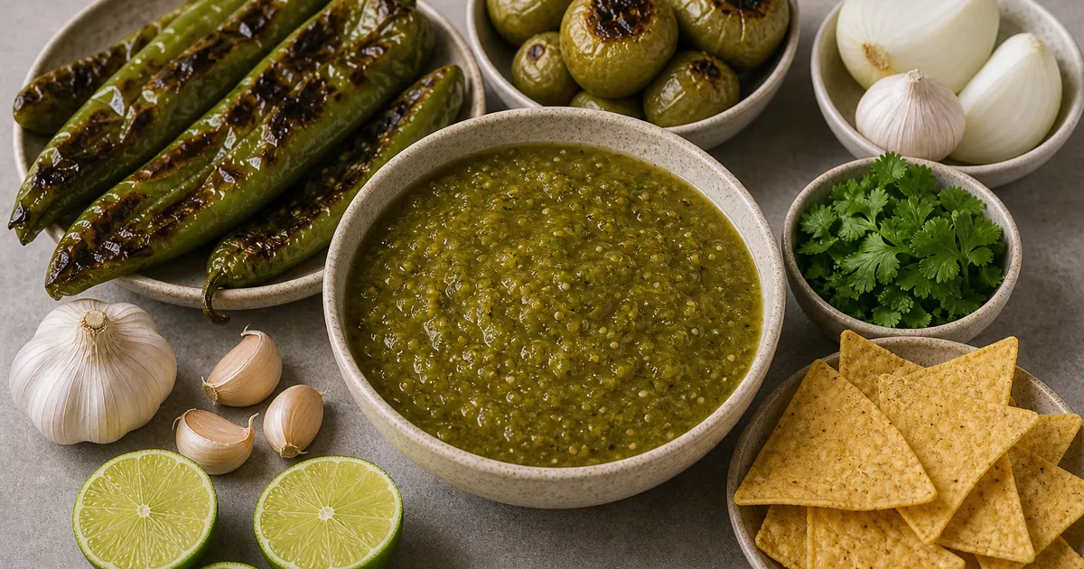 Roasted Hatch chile salsa with blistered green Hatch chiles, tomatillos, onion, garlic, lime, cilantro, and chips