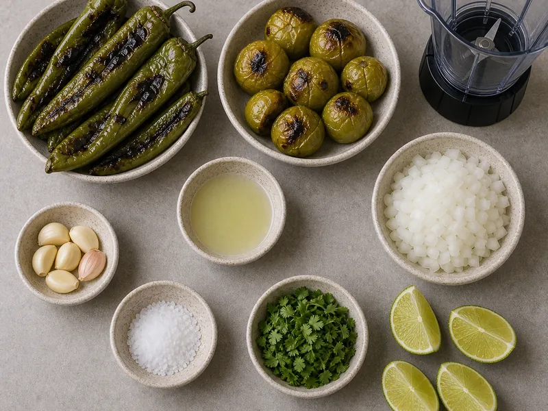 Blistered Hatch chiles with roasted tomatillos, onion, garlic, lime juice, salt, cilantro, and blender
