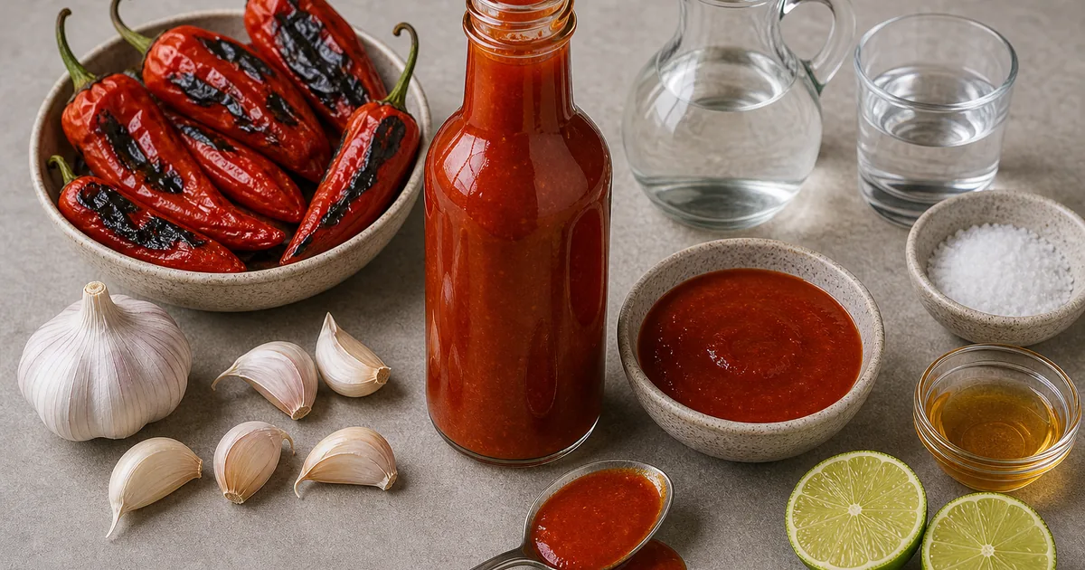 Roasted red jalapeno hot sauce in a glass bottle with roasted jalapenos, garlic, vinegar, water, salt, honey, and lime