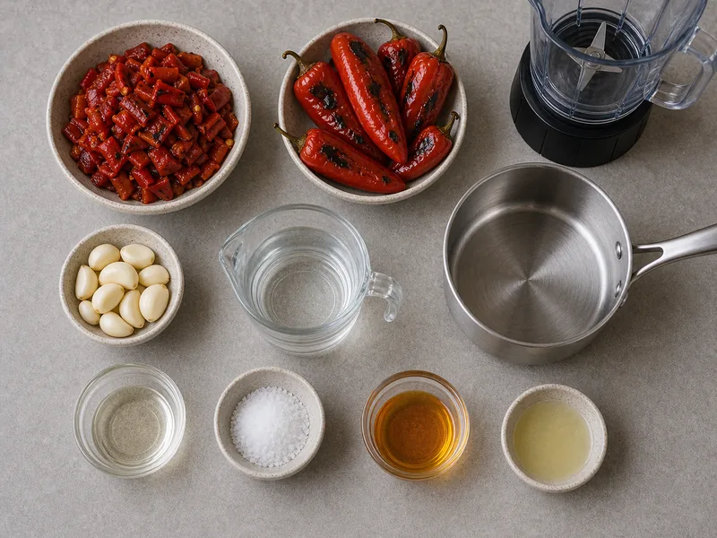 Chopped roasted red jalapenos with garlic, vinegar, water, salt, honey, lime juice, saucepan, and blender