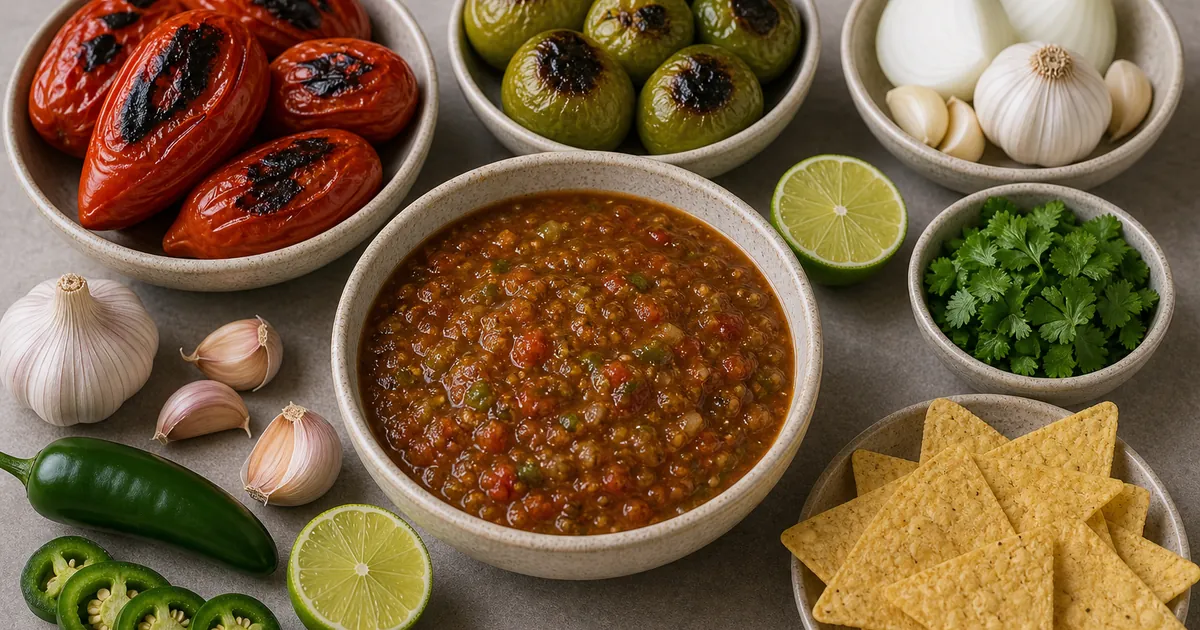 Roasted tomato tomatillo salsa with tomatoes, tomatillos, jalapenos, onion, garlic, lime, cilantro, and chips