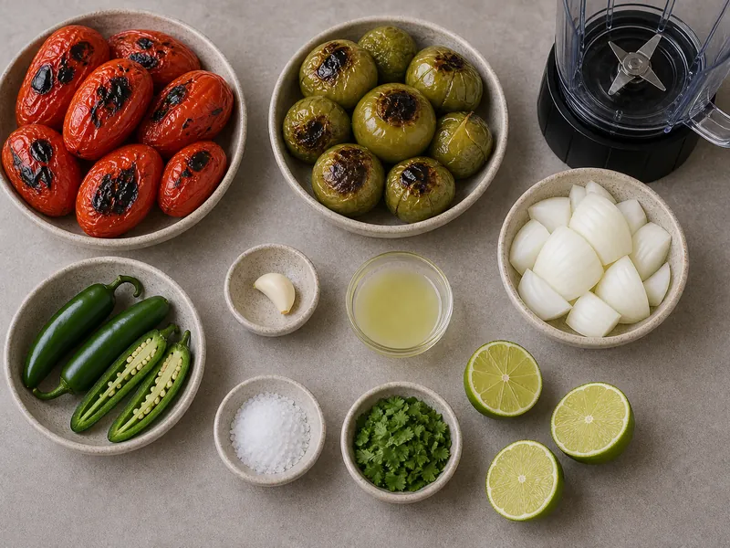 Roasted tomatoes and tomatillos with jalapenos, onion, garlic, lime juice, salt, cilantro, and blender