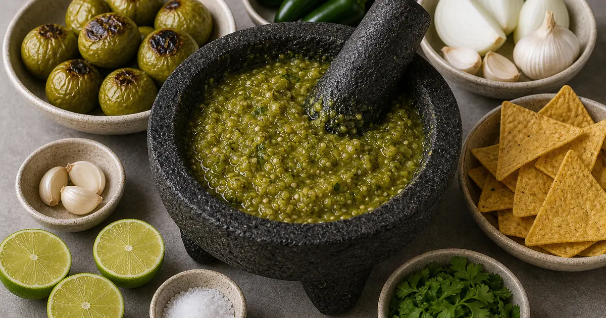 Salsa verde in a black molcajete with roasted tomatillos, jalapenos, onion, garlic, cilantro, lime, and chips