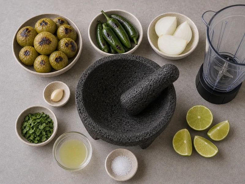 Roasted tomatillos with jalapenos, onion, garlic, cilantro, lime juice, salt, molcajete, pestle, and blender