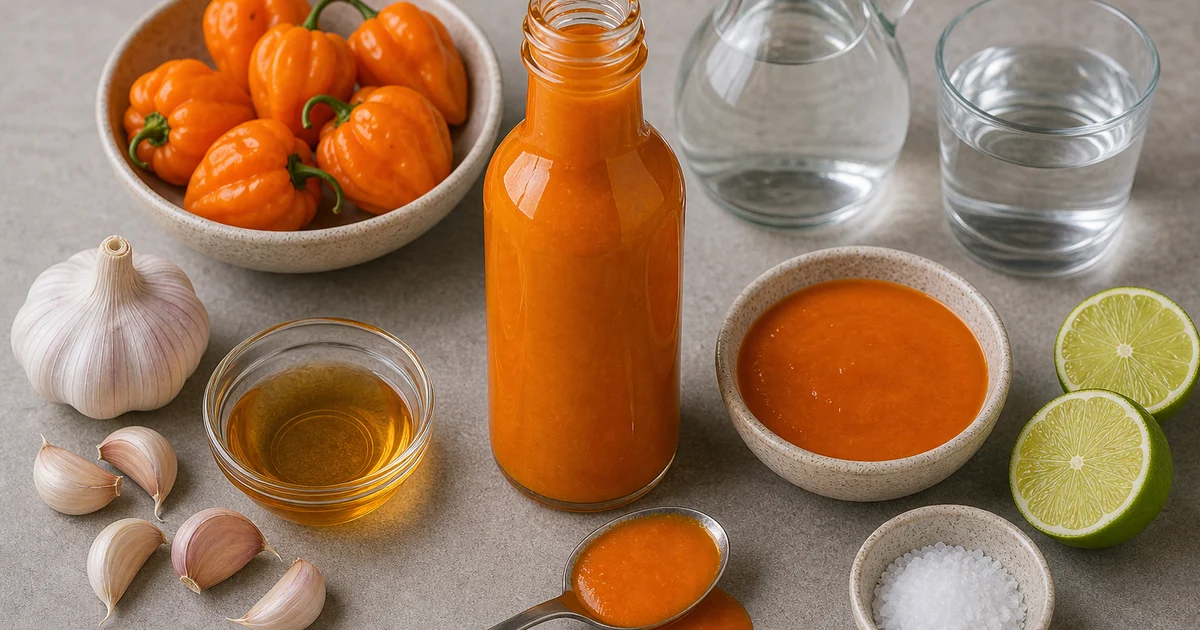 Orange Scotch bonnet hot sauce in a glass bottle with Scotch bonnets, garlic, vinegar, water, salt, honey, and lime