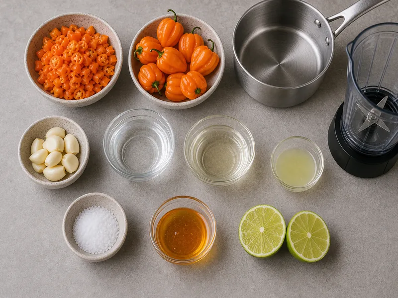 Chopped Scotch bonnets with garlic, vinegar, water, salt, honey, lime juice, saucepan, and blender