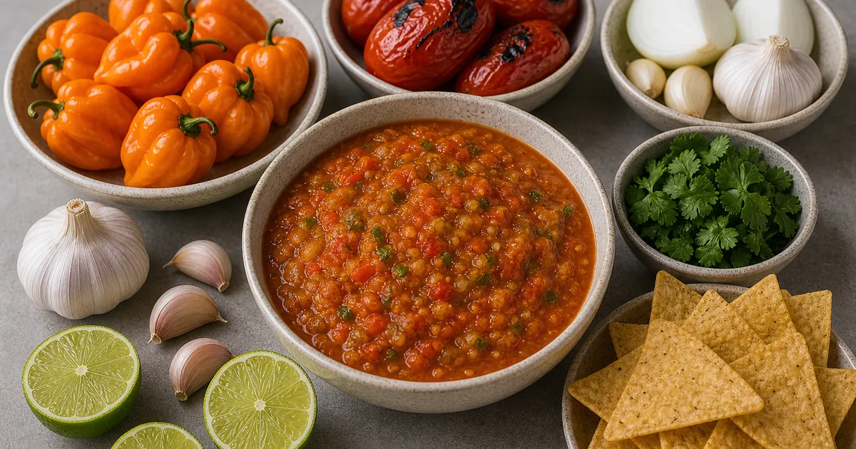 Scotch bonnet salsa with orange Scotch bonnets, roasted tomatoes, onion, garlic, lime, cilantro, and chips