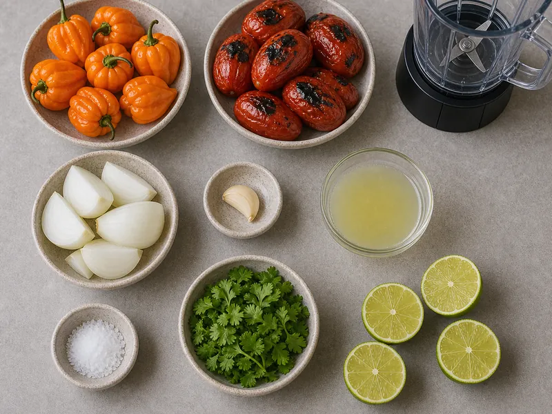 Scotch bonnets with roasted tomatoes, onion, garlic, lime juice, salt, cilantro, and blender
