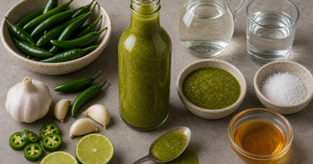 Green serrano hot sauce in a glass bottle with serrano peppers, garlic, vinegar, water, salt, honey, and lime
