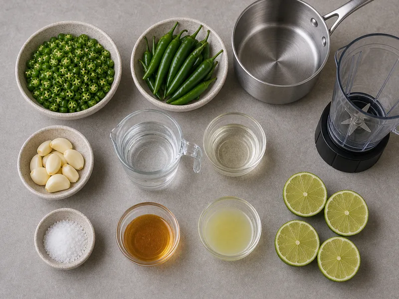Chopped serrano peppers with garlic, vinegar, water, salt, honey, lime juice, saucepan, and blender