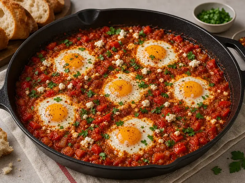 Shakshuka Recipe (Eggs in Spicy Tomato Sauce) finished texture and serving consistency