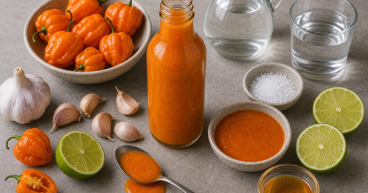 Simple habanero hot sauce in a glass bottle with orange habaneros, garlic, vinegar, water, salt, honey, and lime