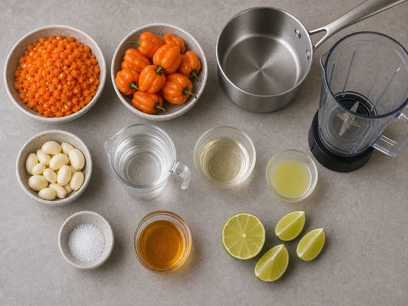 Chopped orange habaneros with garlic, vinegar, water, salt, honey, lime juice, saucepan, and blender