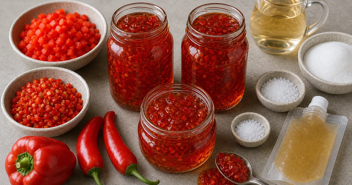 Spicy red pepper jam in clear jars with red bell peppers, Fresno peppers, cider vinegar, sugar, pectin, and salt