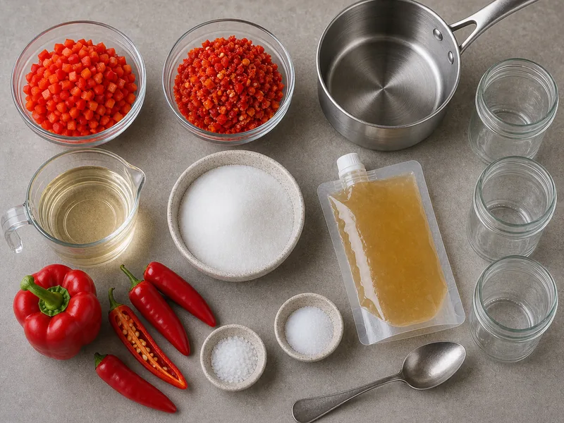 Chopped red bell and Fresno peppers with cider vinegar, sugar, pectin, salt, saucepan, and jars