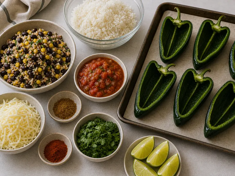 Stuffed Poblano Peppers (Cheese & Rice Filling) preparation and ingredients