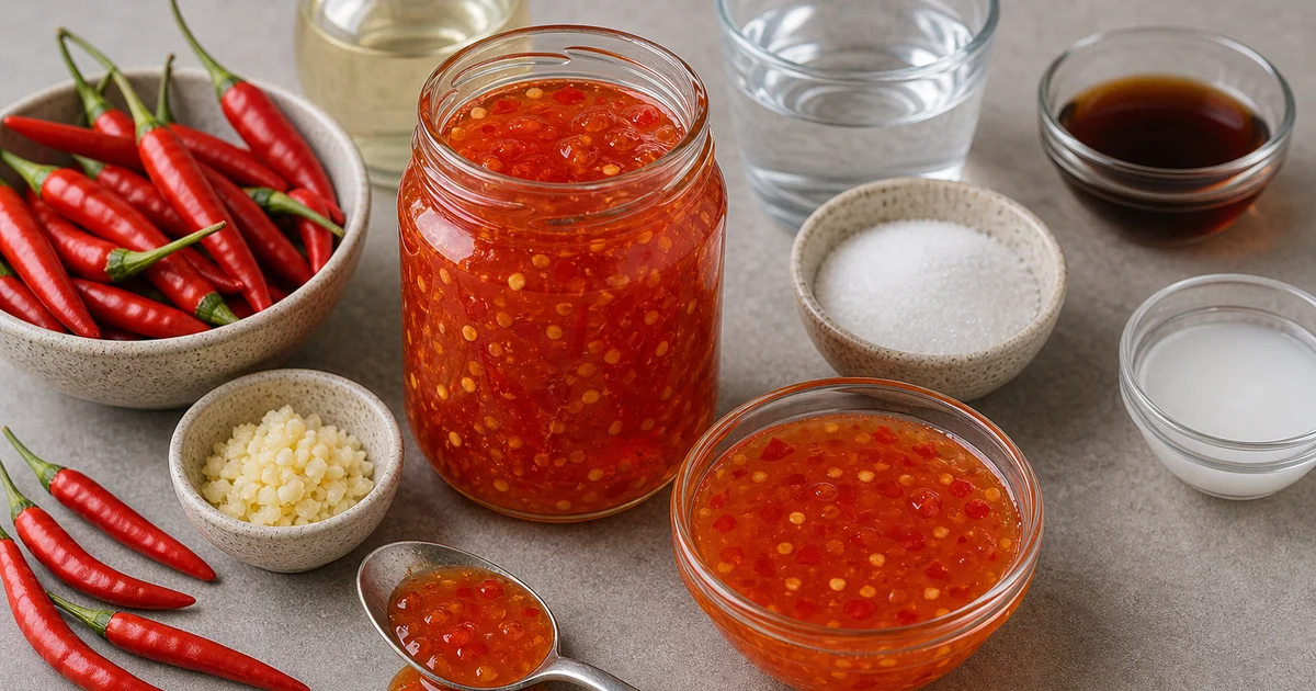 Sweet Thai chili sauce with Thai chiles, garlic, rice vinegar, sugar, fish sauce, and suspended chile seeds