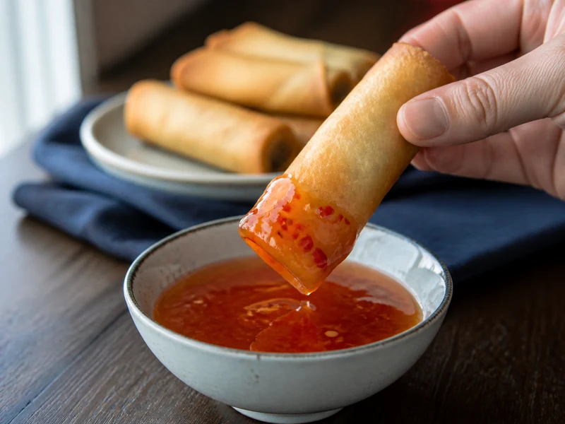Sweet Thai chili sauce coating the end of a crisp spring roll above a dipping bowl