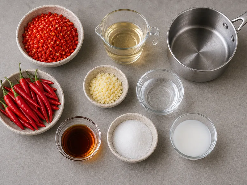 Thai chiles, minced garlic, rice vinegar, sugar, fish sauce, cornstarch slurry, and a small saucepan arranged for sweet chili sauce