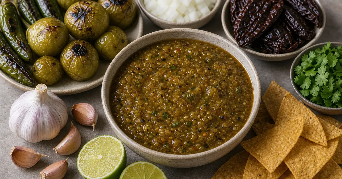 Tomatillo chipotle salsa with roasted tomatillos, chipotle peppers, onion, garlic, lime, cilantro, and chips