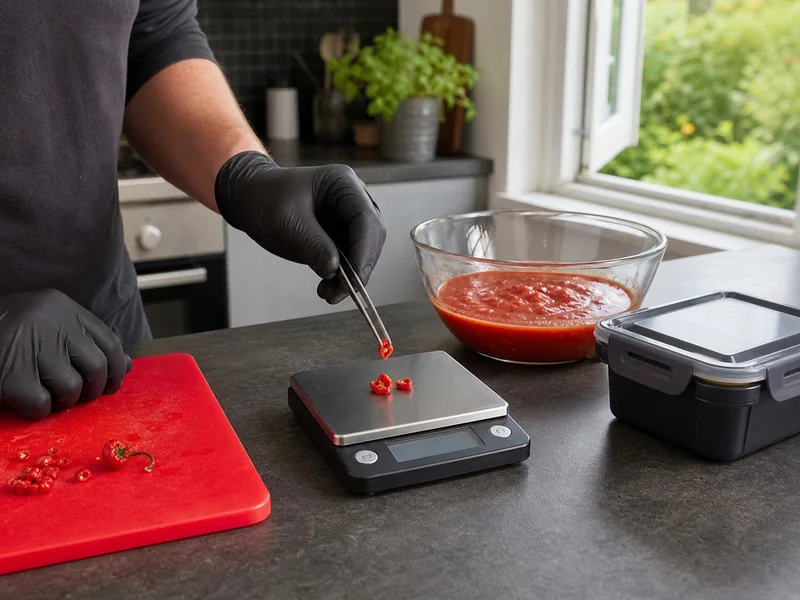 Gloved hands weighing trimmed superhot pepper pieces on a gram scale beside a mixing bowl