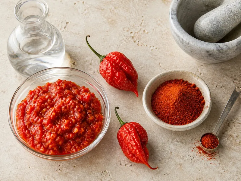 Fresh red superhot pepper mash beside fine dried pepper powder in separate kitchen containers