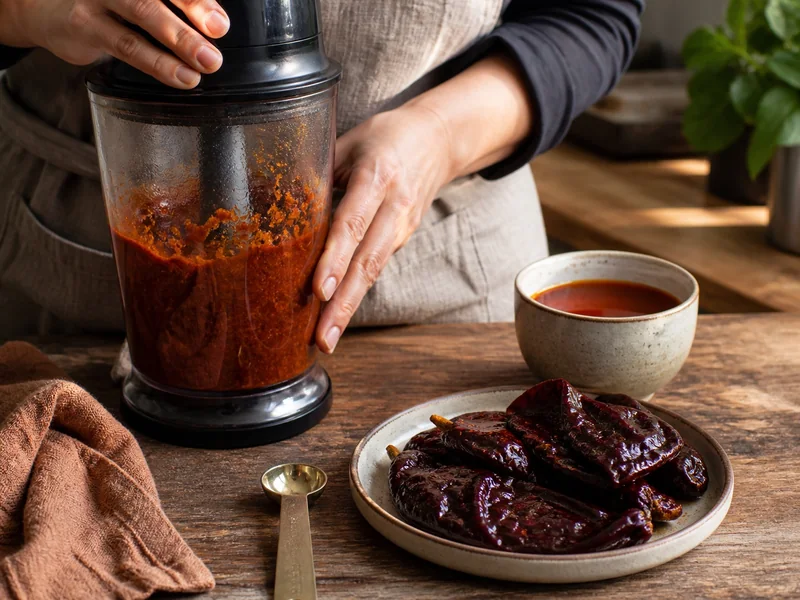 Soaked ancho chile blending into smooth red-brown paste with reserved soaking liquid beside it