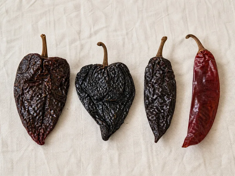 Dried Aji Panca, ancho, mulato, and guajillo chiles aligned at equal scale
